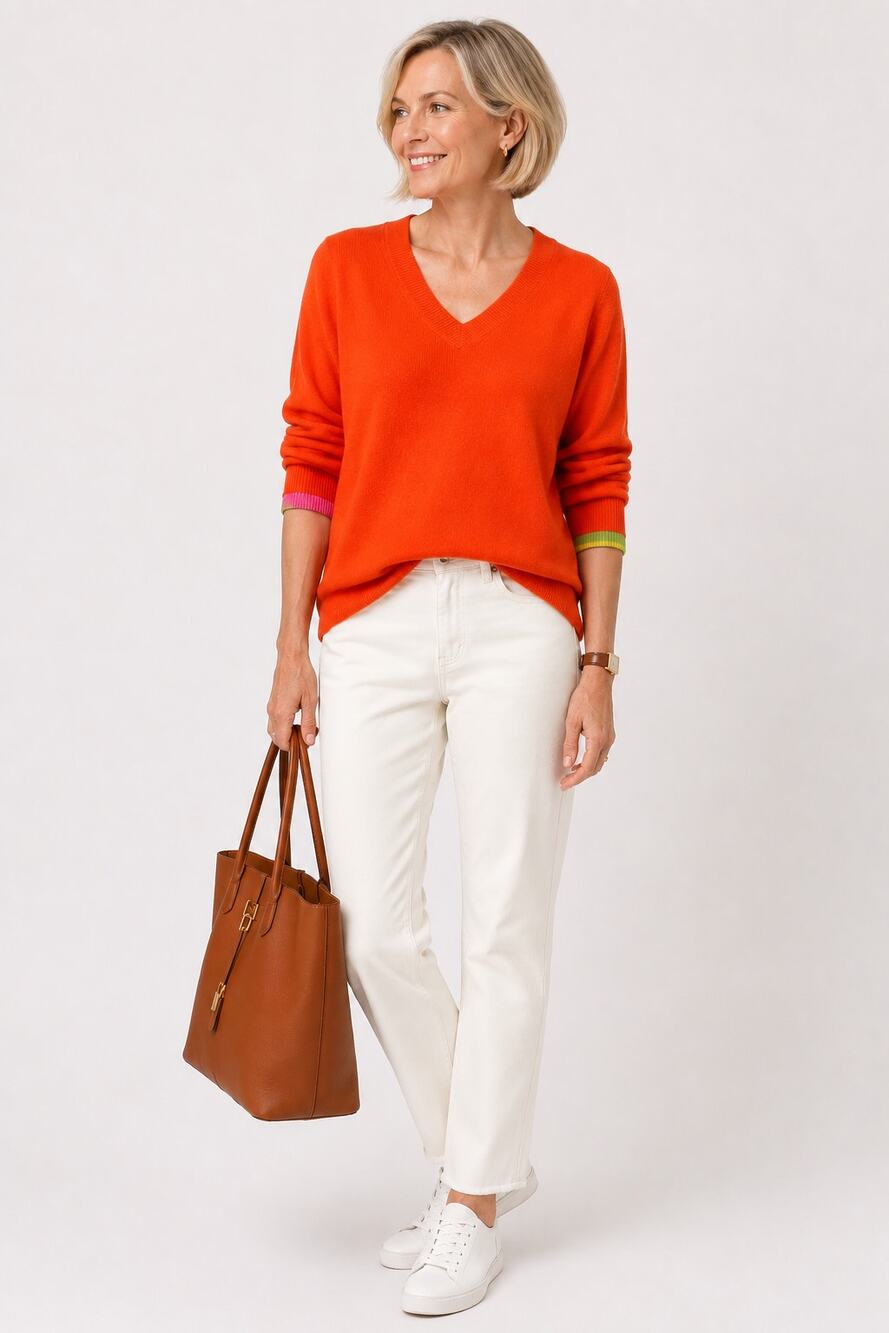 Zaket & Plover Cashmere Cotton Sweater Small Orange V-Neck Colorblock Accent
